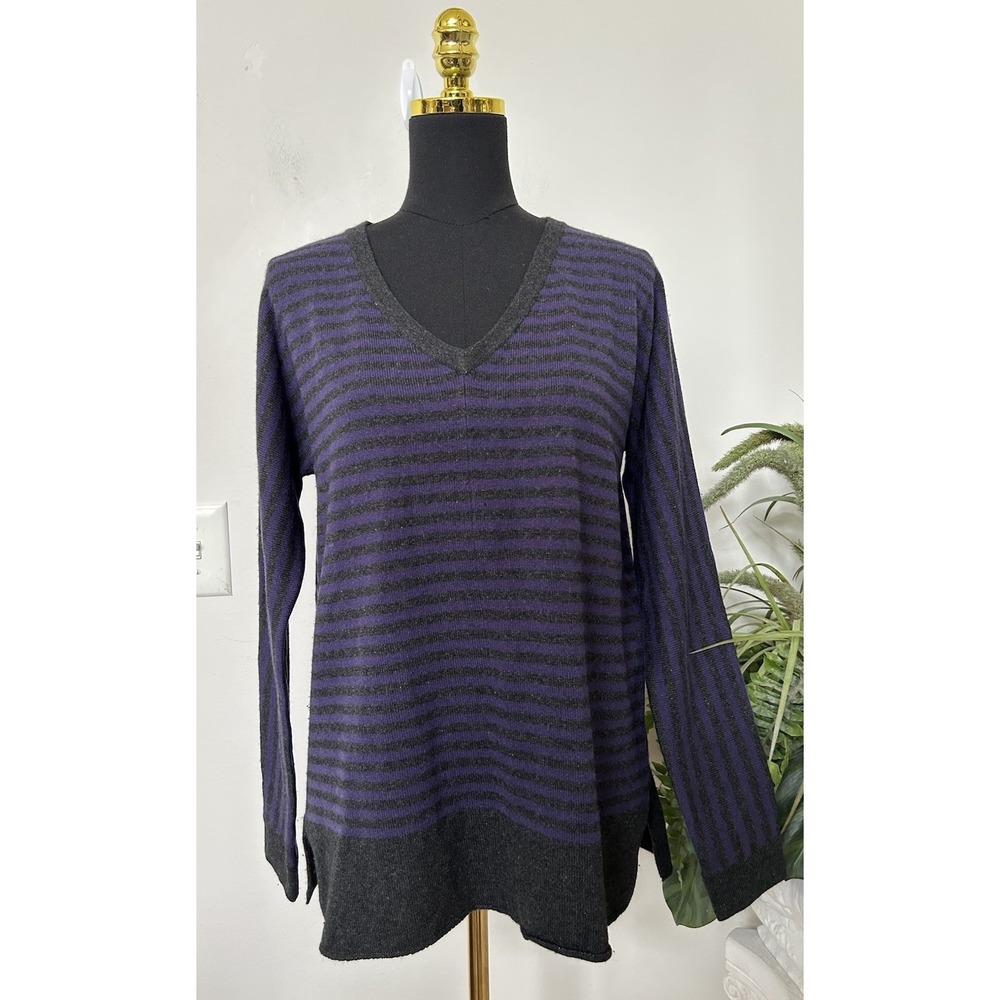 White + Warren Silk Cashmere Striped V Neck Sweater M Purple Charcoal‎ Luxury